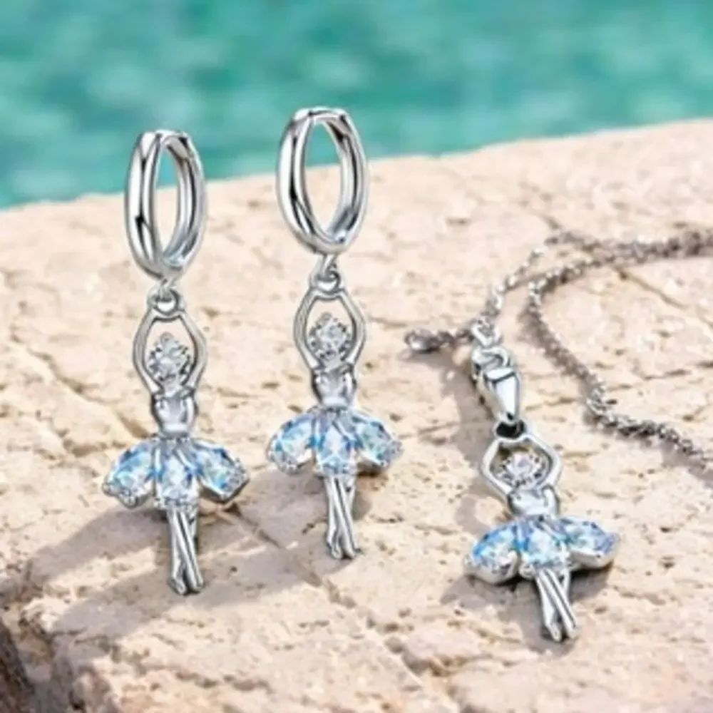 Sterling Silver Plated 925 CZ Ballerina Necklace & Hoop Earring Set - Picture 2 of 5